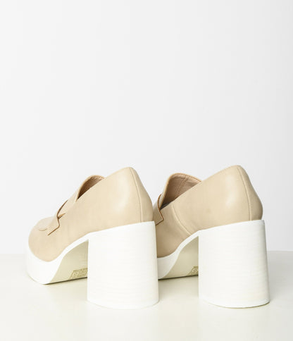 Nude & White Leatherette Platform Loafers - Unique Vintage - Womens, SHOES, HEELS