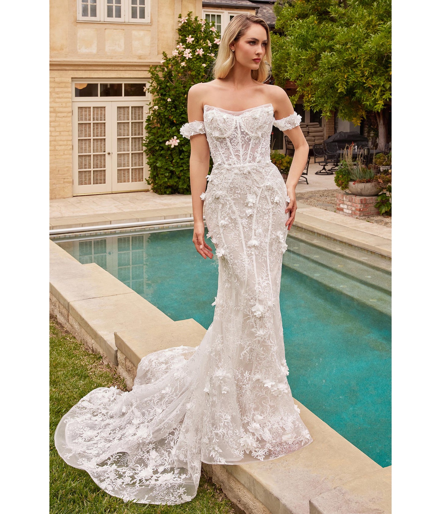 Off White Floral Lace Bridal Trumpet Gown & Removable Overskirt - Unique Vintage - Womens, DRESSES, PROM AND SPECIAL OCCASION