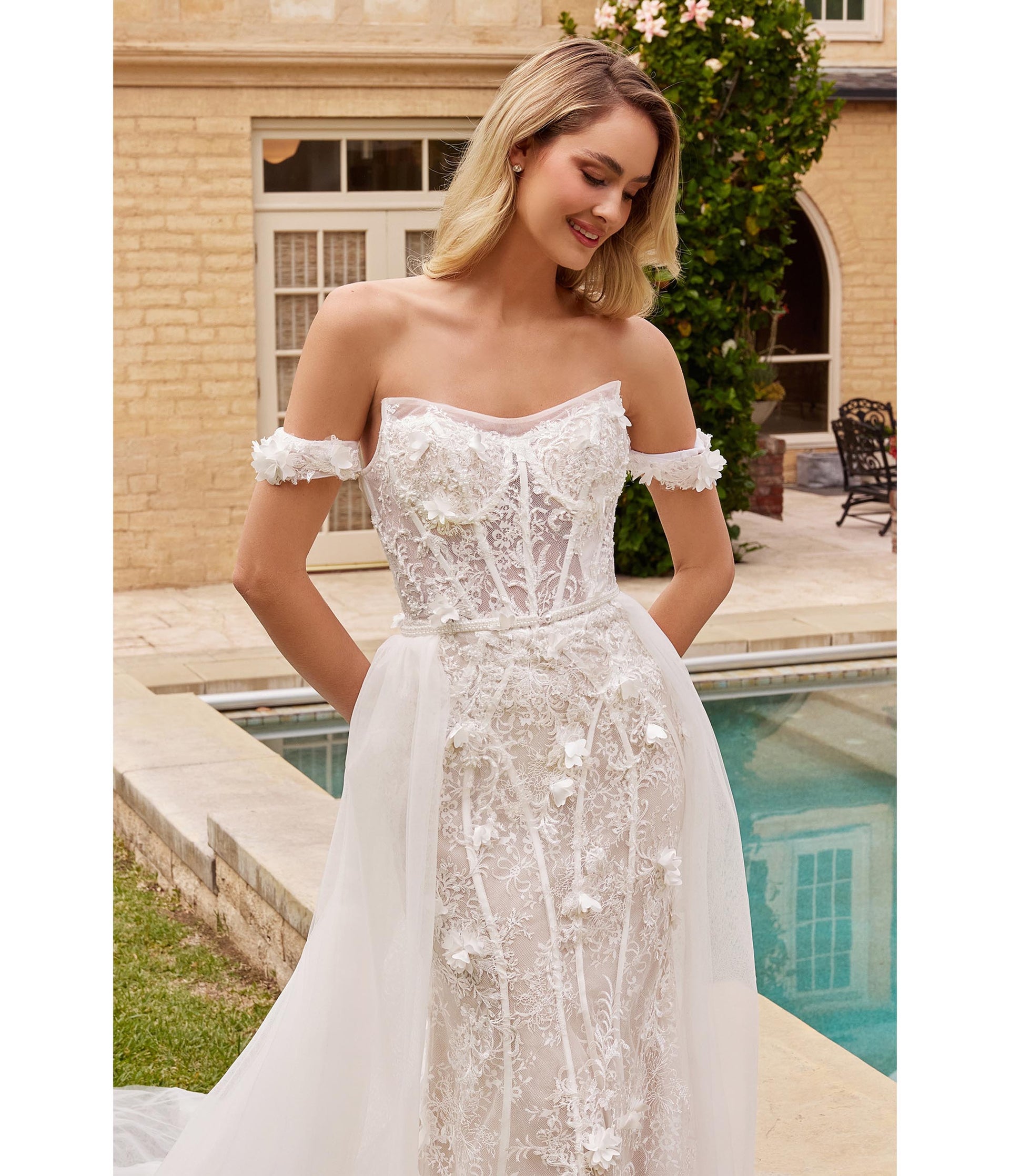 Off White Floral Lace Bridal Trumpet Gown & Removable Overskirt - Unique Vintage - Womens, DRESSES, PROM AND SPECIAL OCCASION