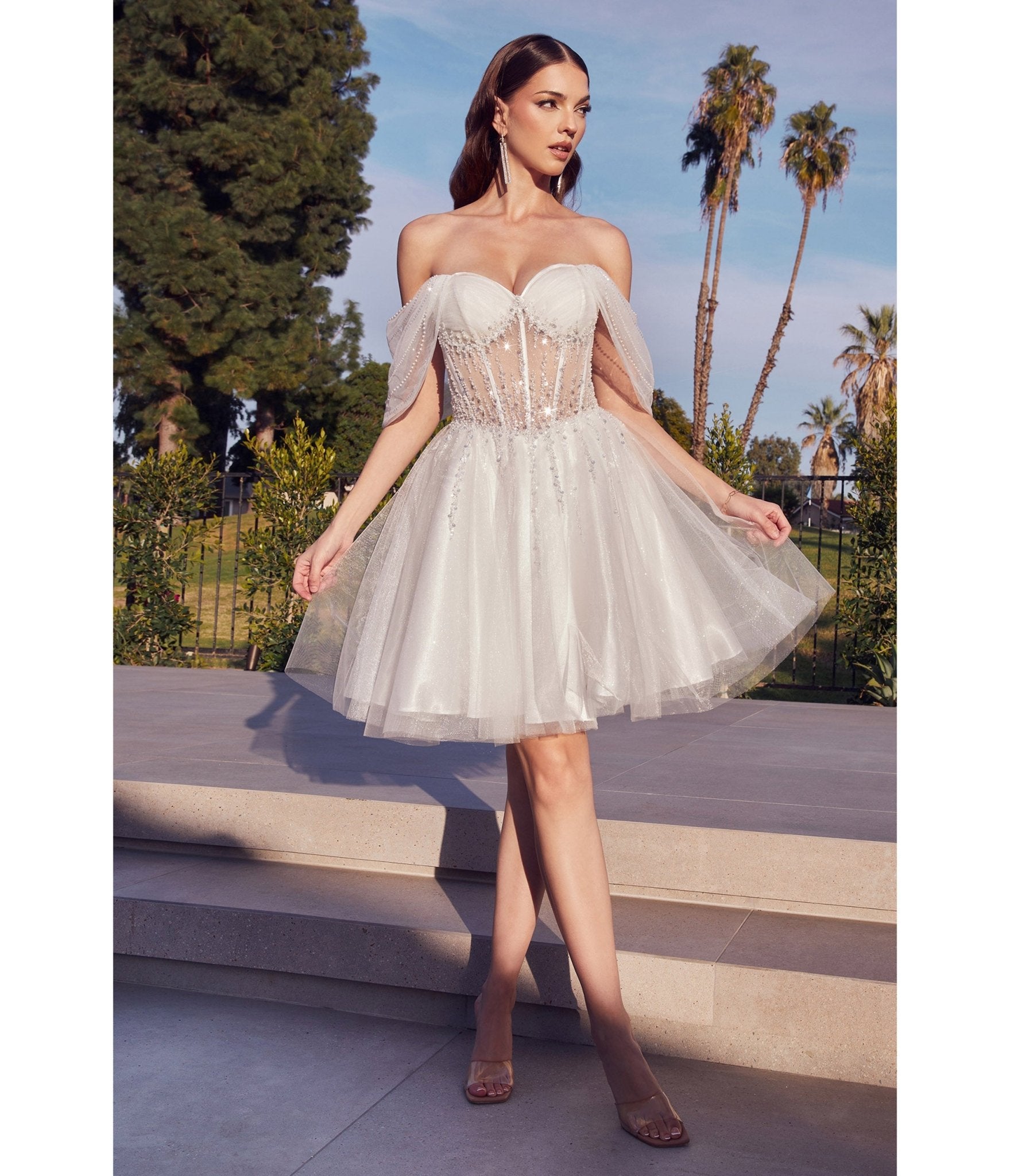 Off White Glitter Tulle Off Shoulder Corset Mini Dress - Unique Vintage - Womens, DRESSES, PROM AND SPECIAL OCCASION