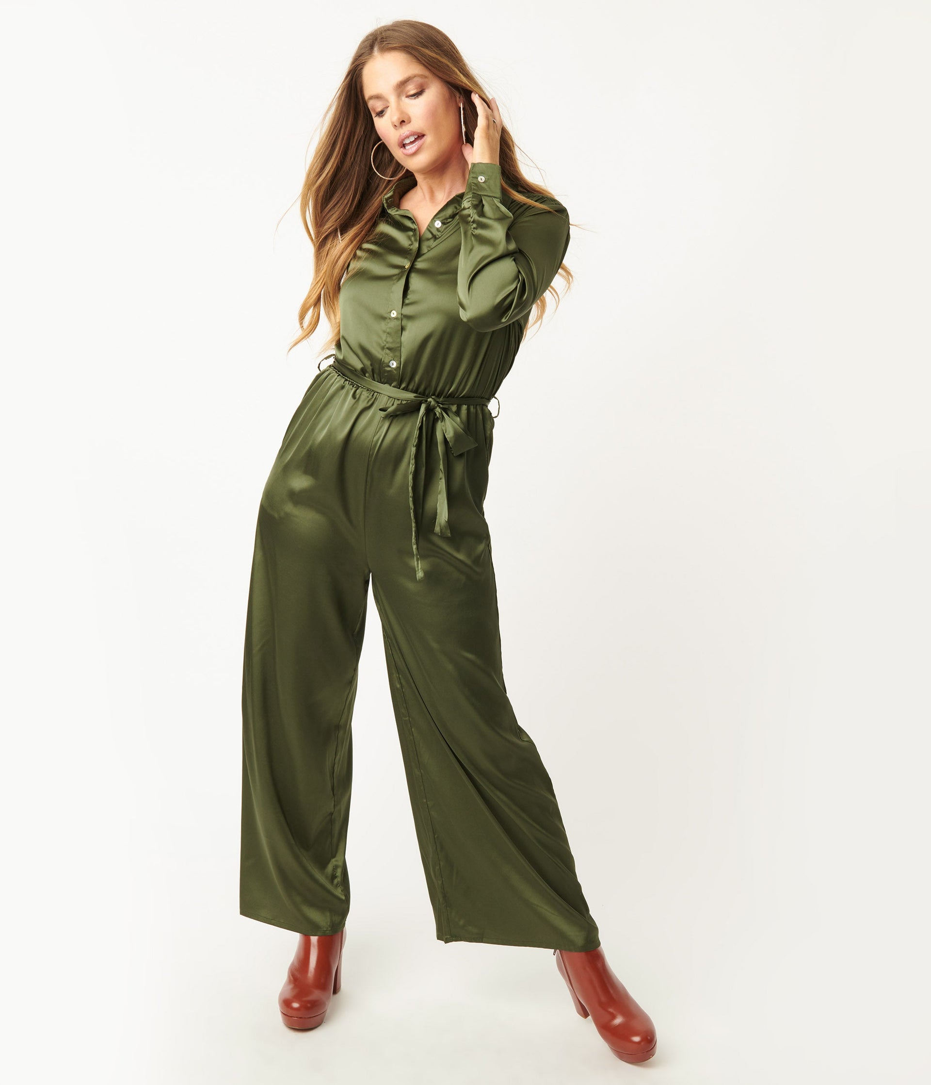 Olive Green Satin Jumpsuit - Unique Vintage - Womens, BOTTOMS, ROMPERS AND JUMPSUITS