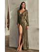 Cinderella Divine  Olive Sequin Long Sleeve Slit Evening Gown