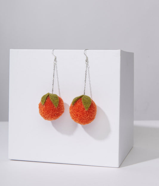 Orange Pom Pom Drop Earrings - Unique Vintage - Womens, ACCESSORIES, JEWELRY