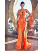 Cinderella Divine  Orange Sequin Beaded High Slit Fitted Prom Gown