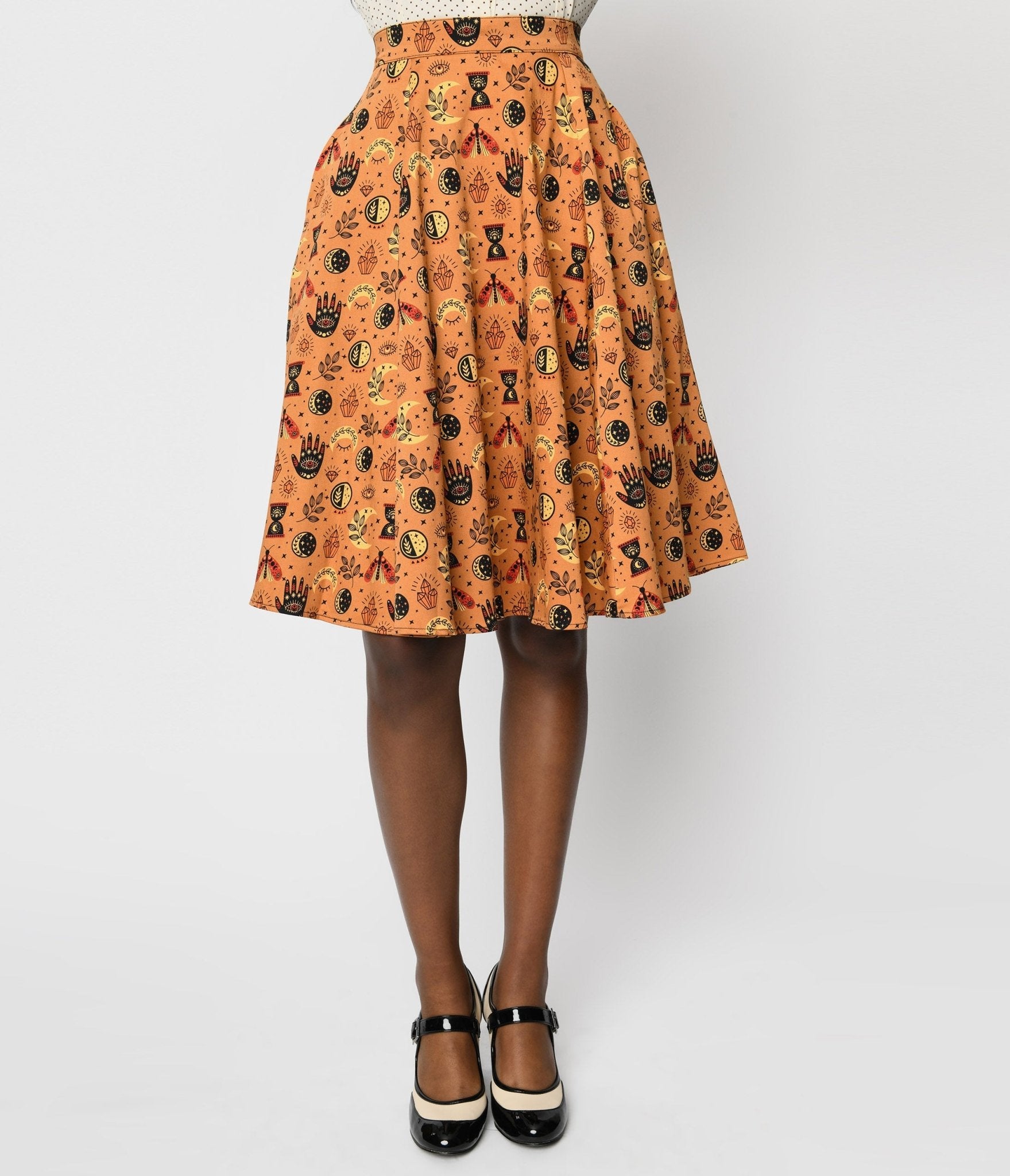 Orange Witchy Medallion Print Swing Skirt - Unique Vintage - Womens, BOTTOMS, SKIRTS
