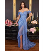 Cinderella Divine  Paris Blue Glitter Draped Off The Shoulder Prom Dress