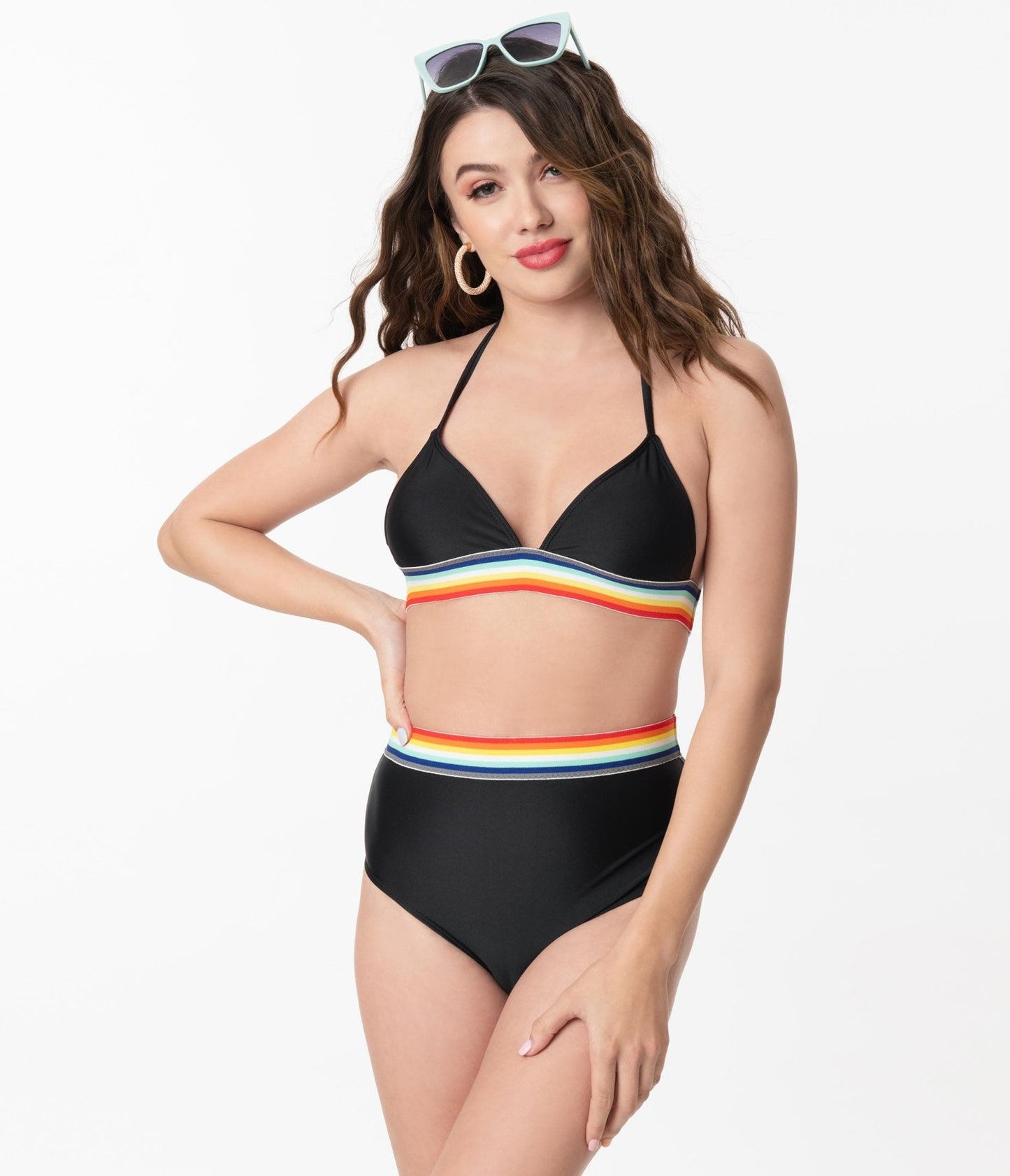 Pin-Up Black & Rainbow Two Piece Bikini Swimsuit - Unique Vintage - Womens, SWIM, TOP