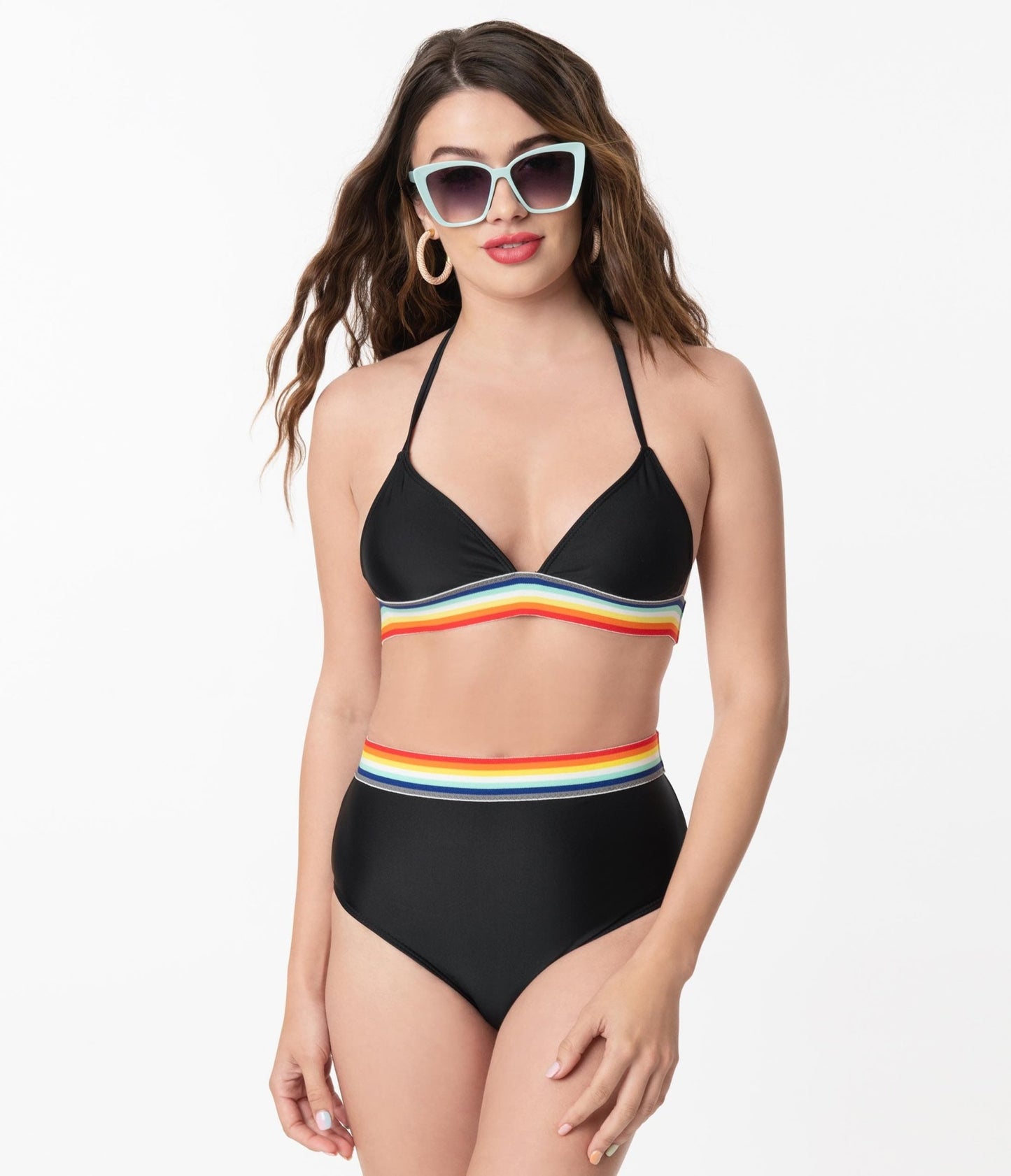 Pin-Up Black & Rainbow Two Piece Bikini Swimsuit - Unique Vintage - Womens, SWIM, TOP