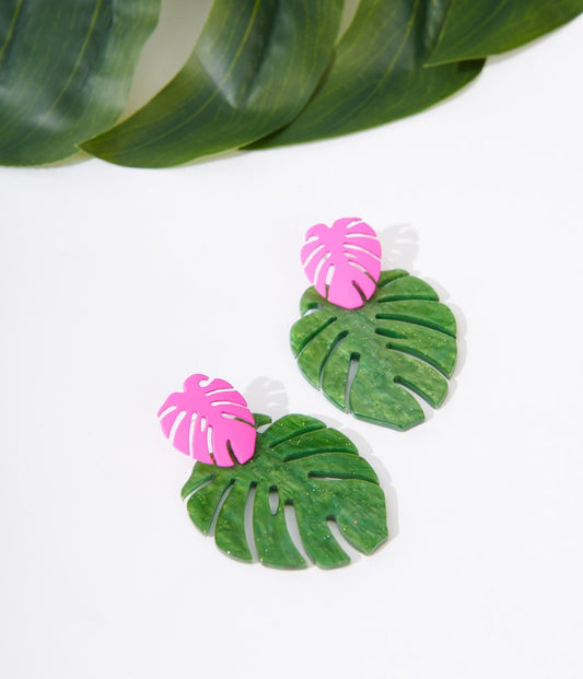 Pink & Green Monstera Leaf Earrings - Unique Vintage - Womens, ACCESSORIES, JEWELRY