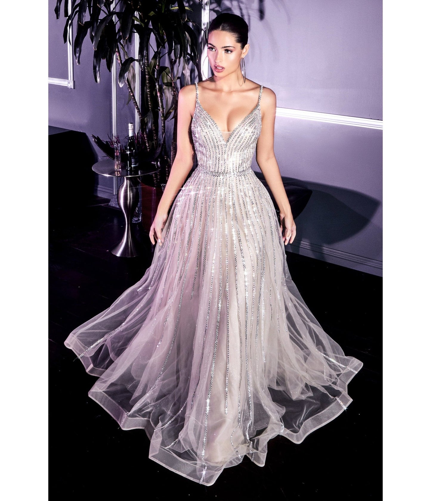 Platinum Beaded Embellished Glitter Tulle Prom Dress - Unique Vintage - Womens, DRESSES, PROM AND SPECIAL OCCASION