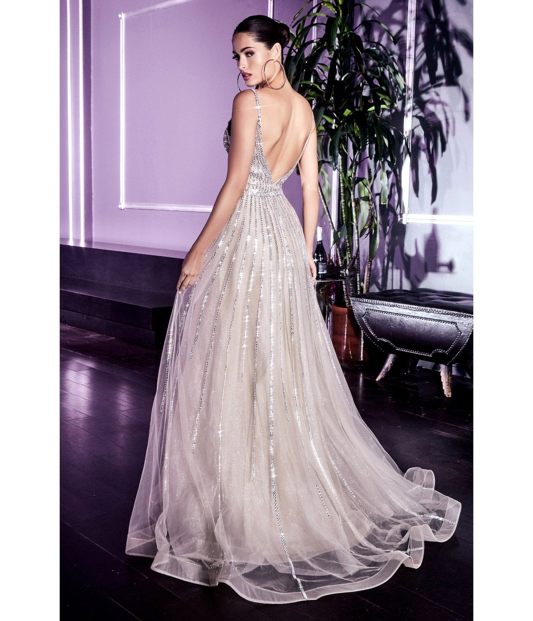Platinum Beaded Embellished Glitter Tulle Prom Dress - Unique Vintage - Womens, DRESSES, PROM AND SPECIAL OCCASION