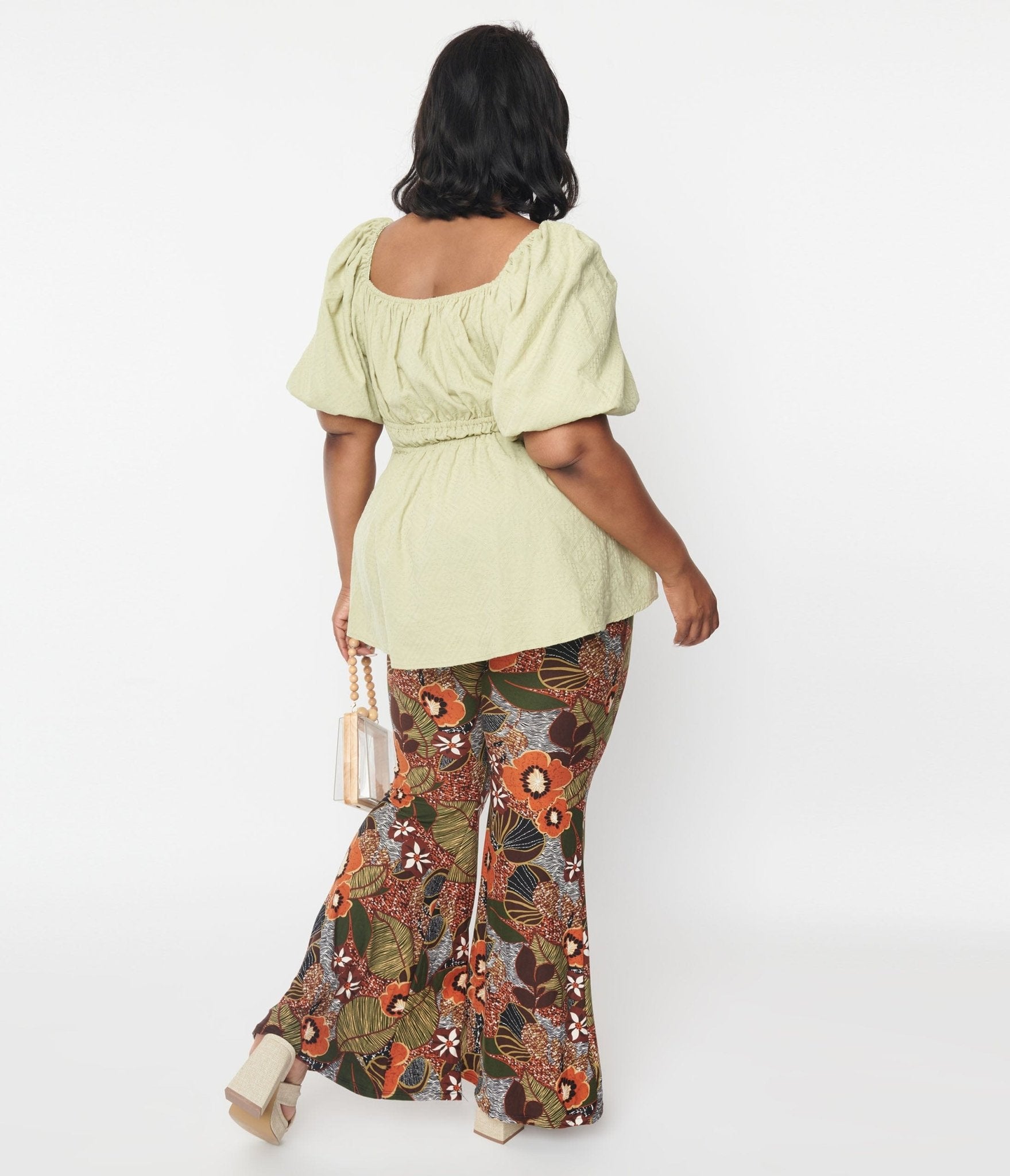 Plus Size Brown Floral Bell Bottom Pants - Unique Vintage - Womens, BOTTOMS, PANTS