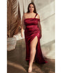 Cinderella Divine  Plus Size Burgundy Ruched Satin One Shoulder Evening Gown