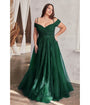 Cinderella Divine  Plus Size Emerald Glitter Tulle Off The Shoulder Applique Slit Gown