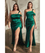 Cinderella Divine  Plus Size Emerald Ruched Satin One Shoulder Evening Gown