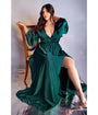 Cinderella Divine  Plus Size Emerald Satin Blouson Sleeve Evening Gown
