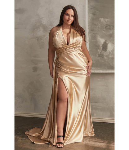 Plus Size Gold Pleated Satin Halter Fitted Slit Dress - Unique Vintage - Womens, DRESSES, PROM AND SPECIAL OCCASION