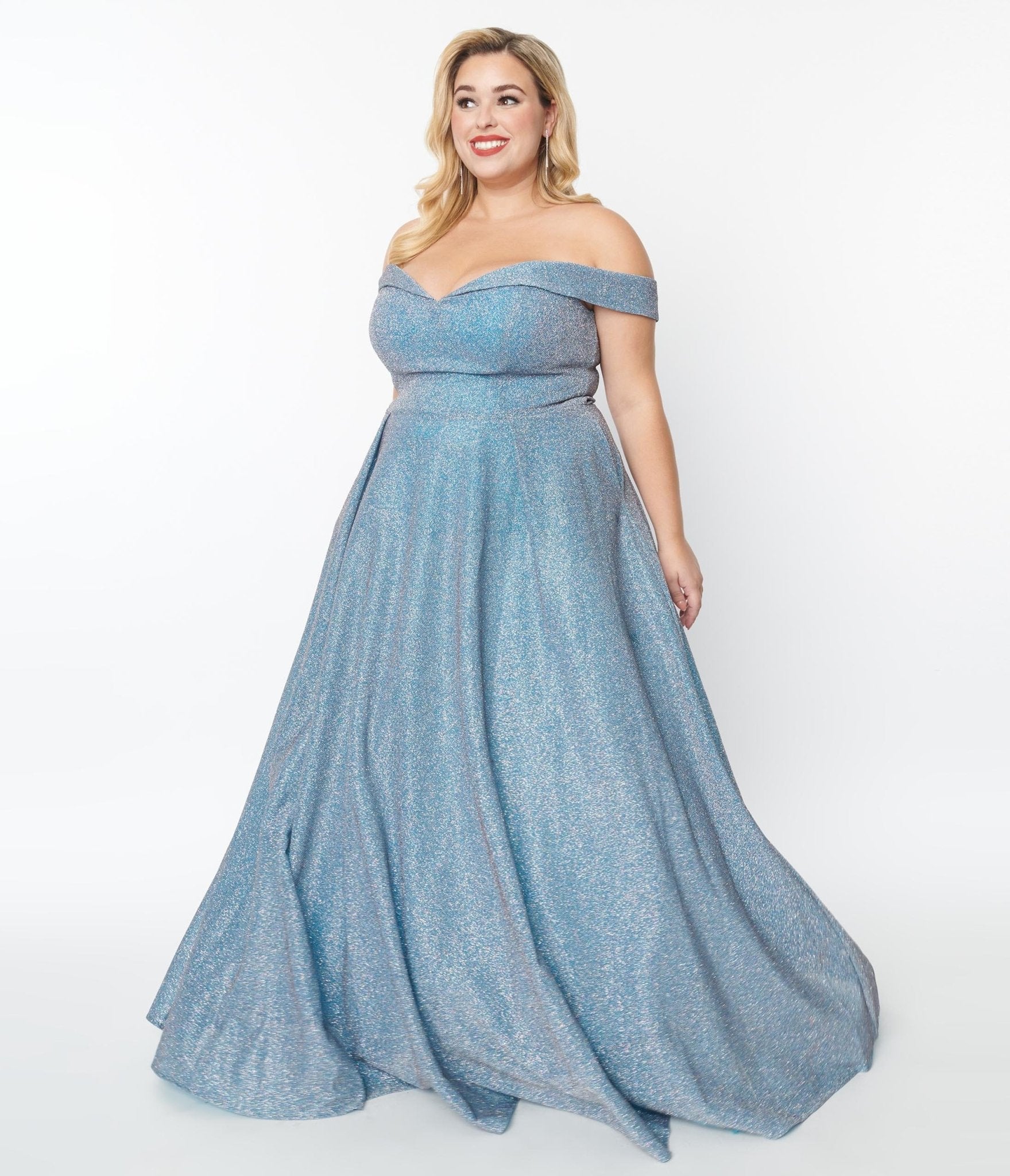 Plus Size Light Blue Shimmer Off The Shoulder Ball Gown - Unique Vintage - Womens, DRESSES, PROM AND SPECIAL OCCASION