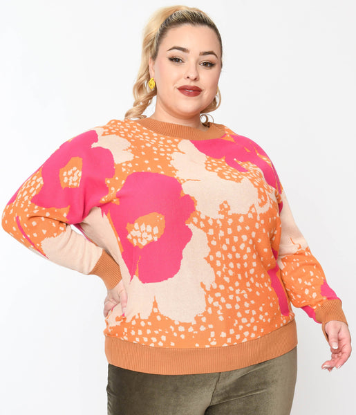 Plus Size 1970s Rust Orange Fuchsia Floral Knit Sweater Unique Vintage