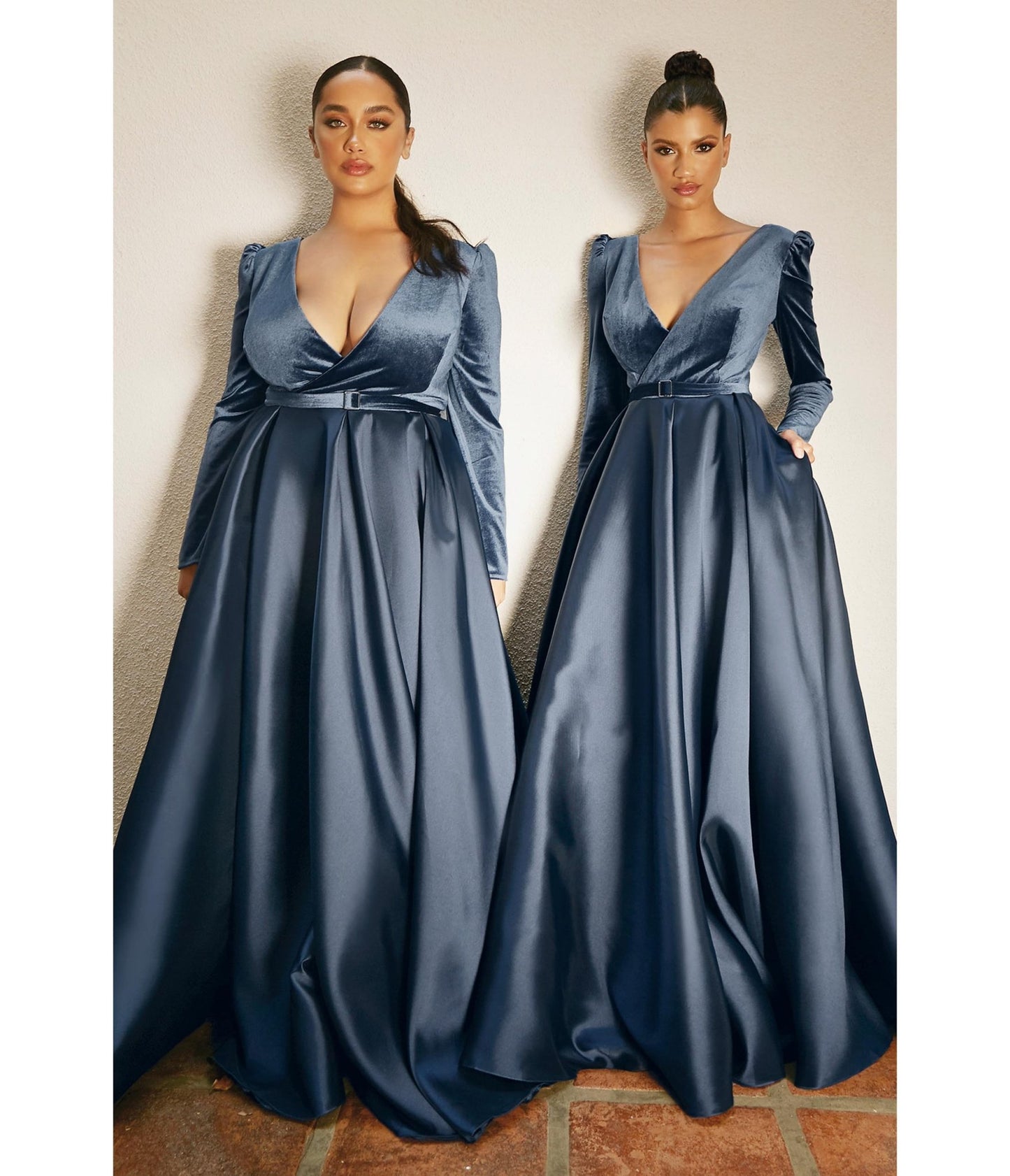 Plus Size Smokey Blue Long Sleeve Bridesmaid Gown - Unique Vintage - Womens, DRESSES, PROM AND SPECIAL OCCASION