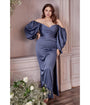 Cinderella Divine  Plus Size Smoky Blue Satin Long Sleeve Bridesmaid Dress
