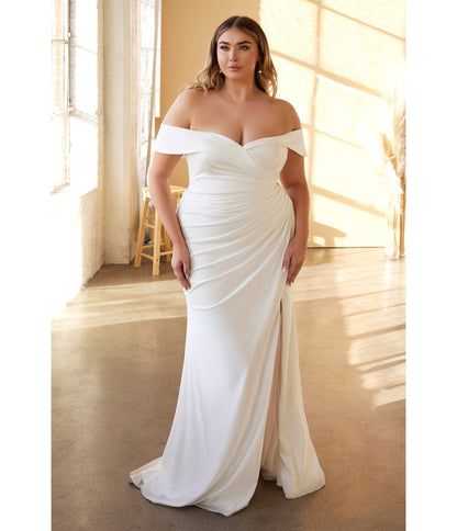 Plus Size White Off The Shoulder Jersey Bridal Gown - Unique Vintage - Womens, DRESSES, PROM AND SPECIAL OCCASION
