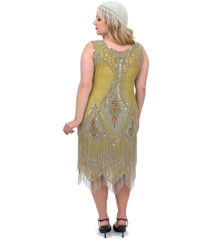 Plus Size 1920s Green & Silver Embroidered Somerset Flapper Dress - Unique Vintage - Womens, FLAPPER, SLEEVELESS BEADED