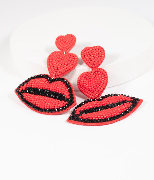 Red Beaded Hearts & Kisses Drop Earrings - Unique Vintage - Womens, ACCESSORIES, JEWELRY