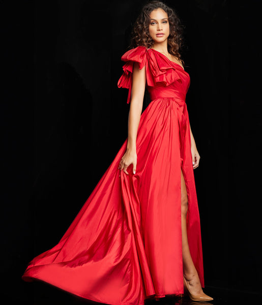 Jovani Red Bow One Shoulder Slit Evening Gown – Unique Vintage
