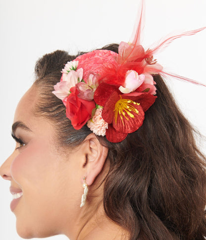 Red Mini Floral Woven Hat Fascinator - Unique Vintage - Womens, ACCESSORIES, HAIR