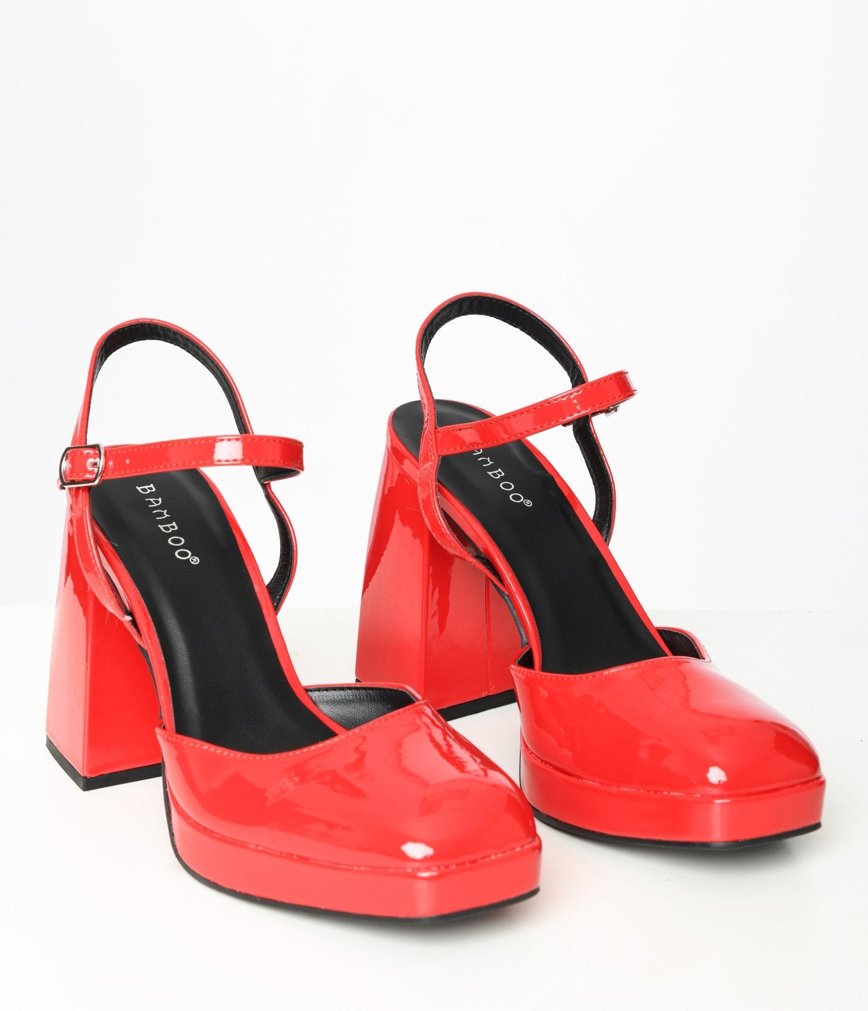 Red Patent Leatherette Chunky Heels - Unique Vintage - Womens, SHOES, HEELS