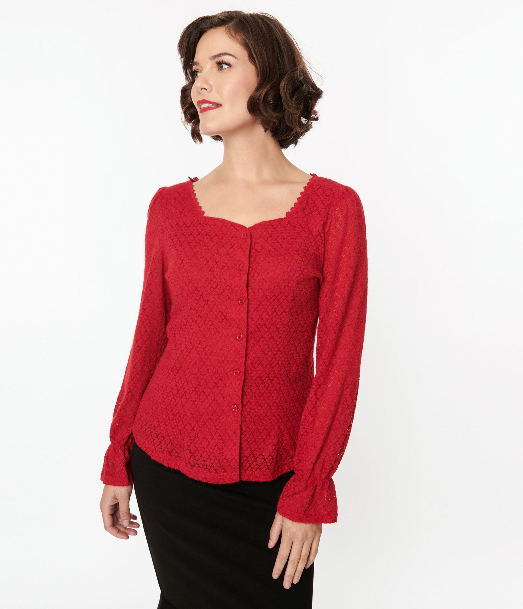 Red Perforated Diamond Knit Cardigan - Unique Vintage - Womens, TOPS, SWEATERS
