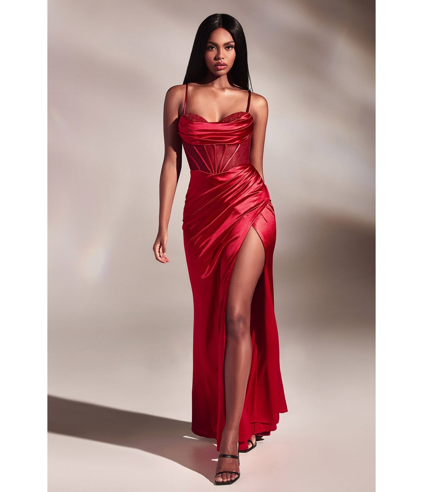 Red Satin Beaded Draped Corset Prom Dress - Unique Vintage - Womens, DRESSES, PROM AND SPECIAL OCCASION