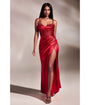 Cinderella Divine Red Satin Beaded Draped Corset Prom Dress