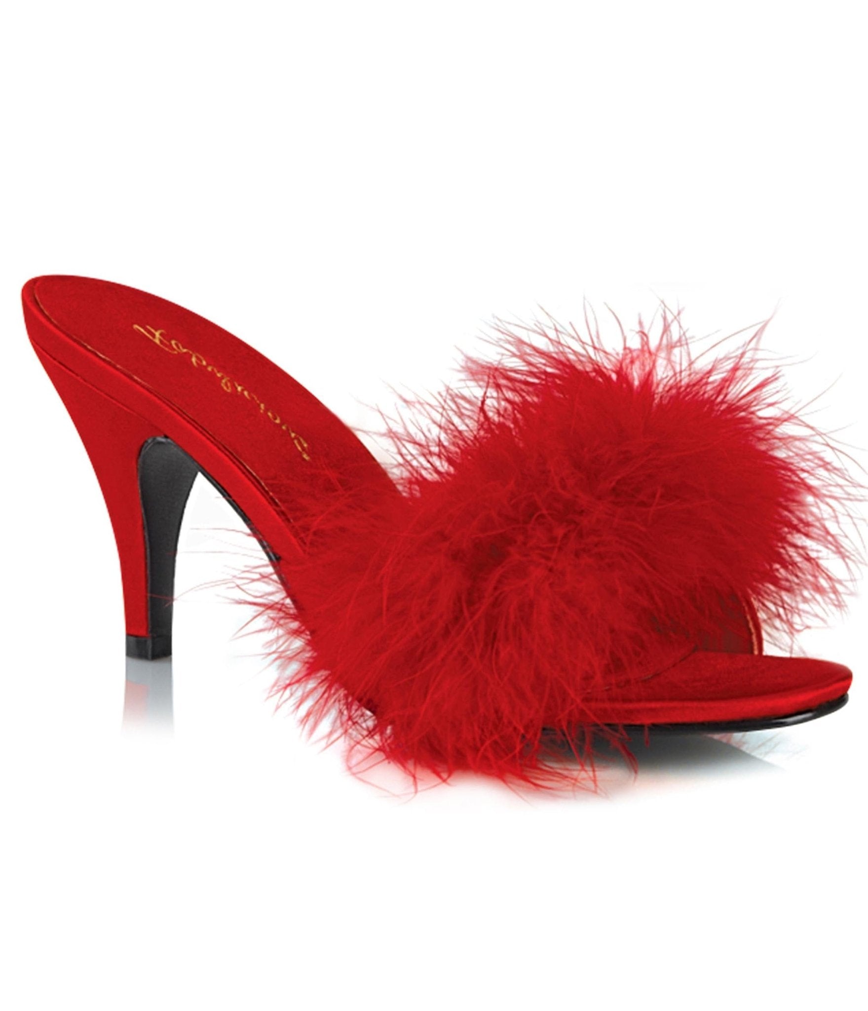 Red Satin Marabou Feather Peep Toe Amour Heel Slipper – Unique