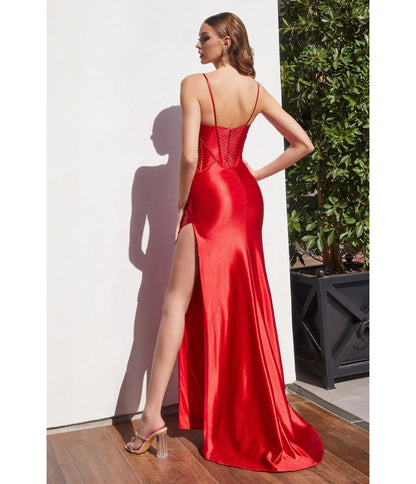 Red Satin Sleeveless Beaded Corset Prom Dress - Unique Vintage - Womens, DRESSES, PROM AND SPECIAL OCCASION
