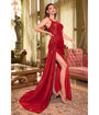 Cinderella Divine  Red Sequin Applique & Ruched Satin Evening Gown