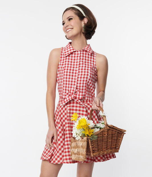 Red & White Gingham Crop Top - Unique Vintage - Womens, TOPS, WOVEN TOPS