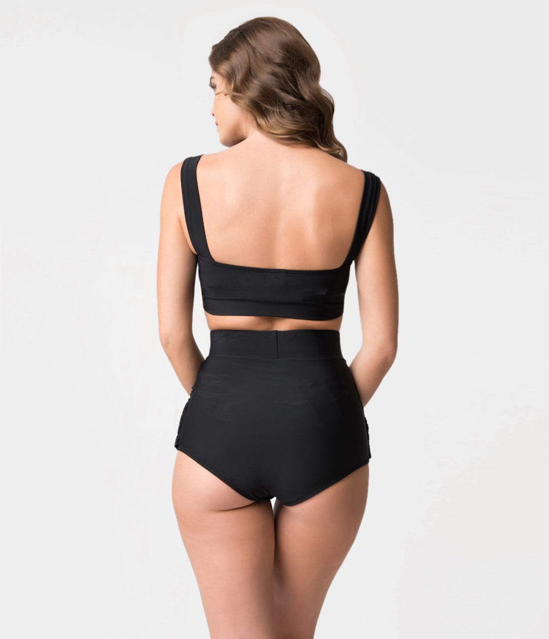 Retro Style Black Gathered High Waist Skirted Swim Bottoms - Unique Vintage - Womens, SWIM, BOTTOM