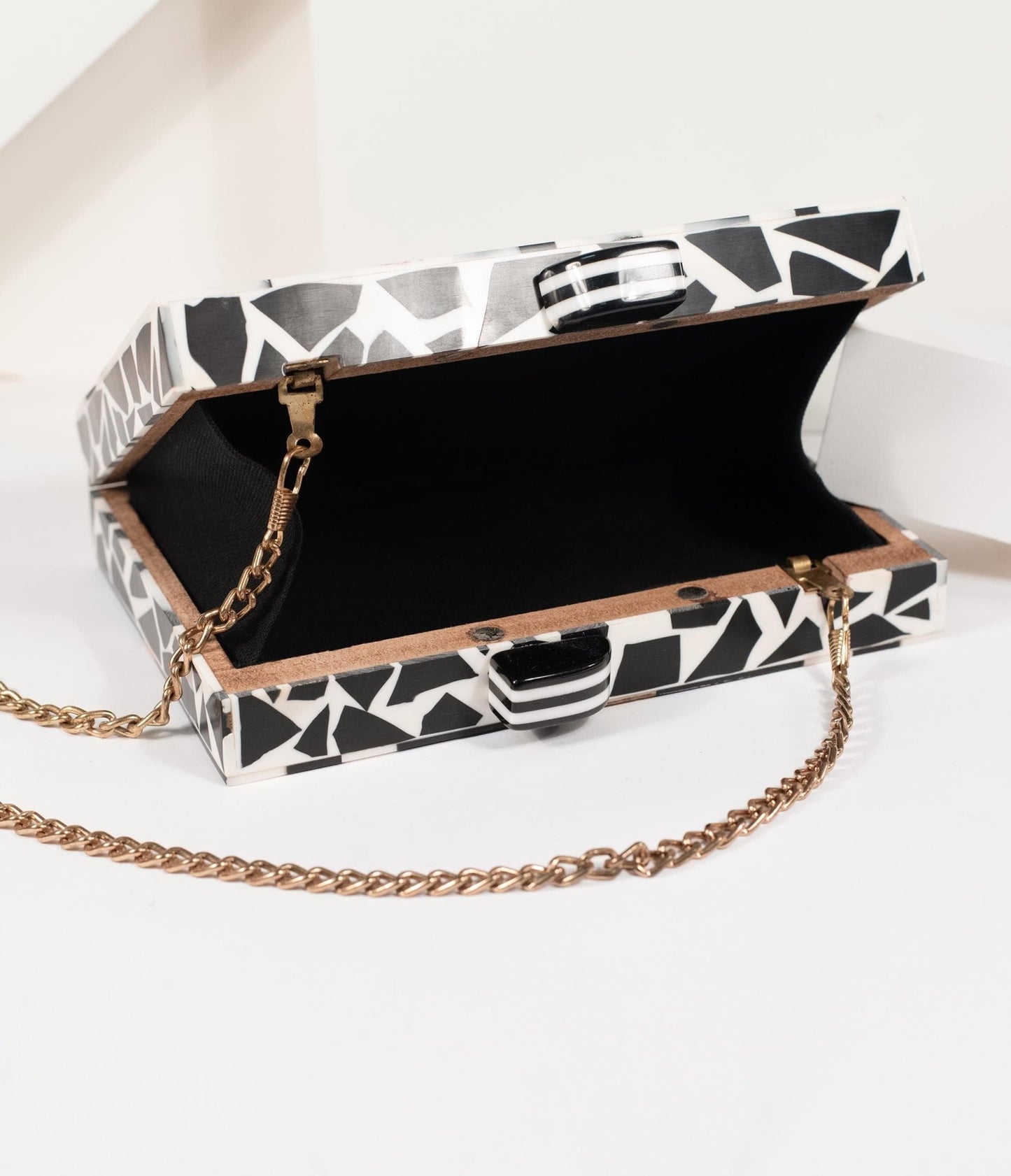 Retro Style Black & White Chevron Wood & Resin Hard Clutch - Unique Vintage - Womens, ACCESSORIES, HANDBAGS