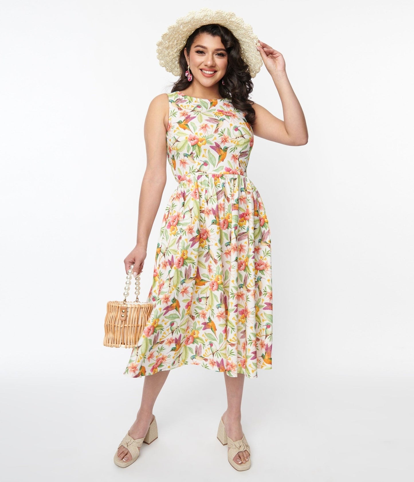 Retrolicious White Hibiscus & Hummingbird Print Midi Dress - Unique Vintage - Womens, DRESSES, MIDI