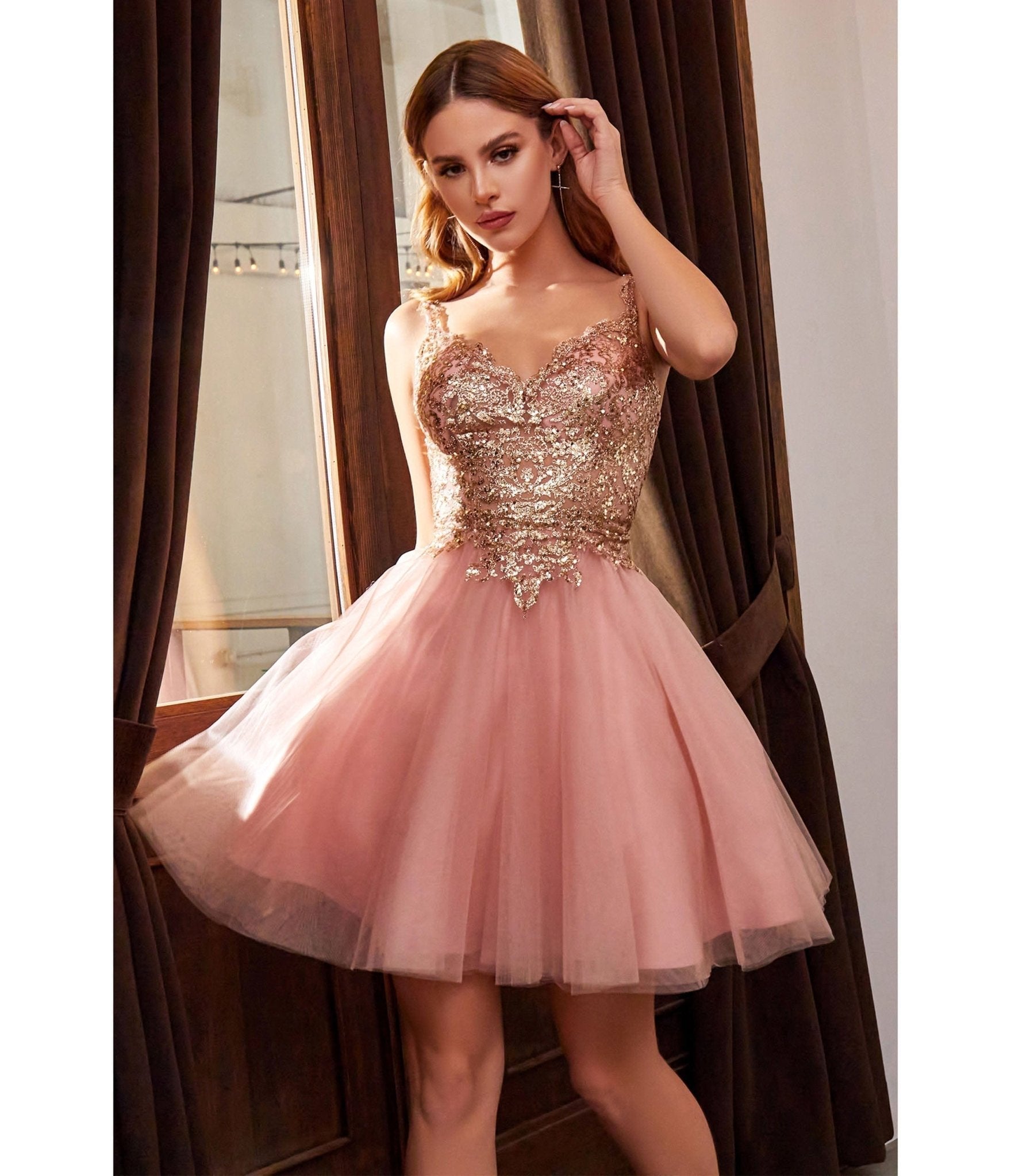 Rose Gold Embellished Tulle Mini Homecoming Dress - Unique Vintage - Womens, DRESSES, PROM AND SPECIAL OCCASION