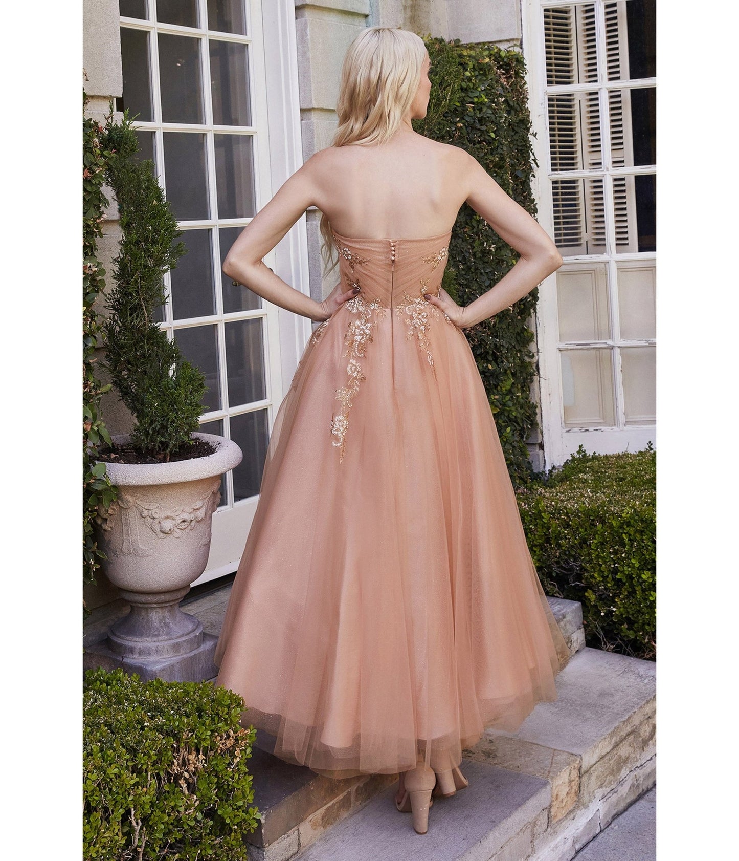 Rose Gold Tea Length Tulle Dress - Unique Vintage - Womens, DRESSES, PROM AND SPECIAL OCCASION