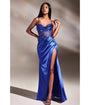 Cinderella Divine  Royal Blue Satin Beaded Draped Corset Prom Dress