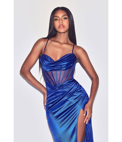 Royal Blue Satin Beaded Draped Corset Prom Dress - Unique Vintage - Womens, DRESSES, PROM AND SPECIAL OCCASION