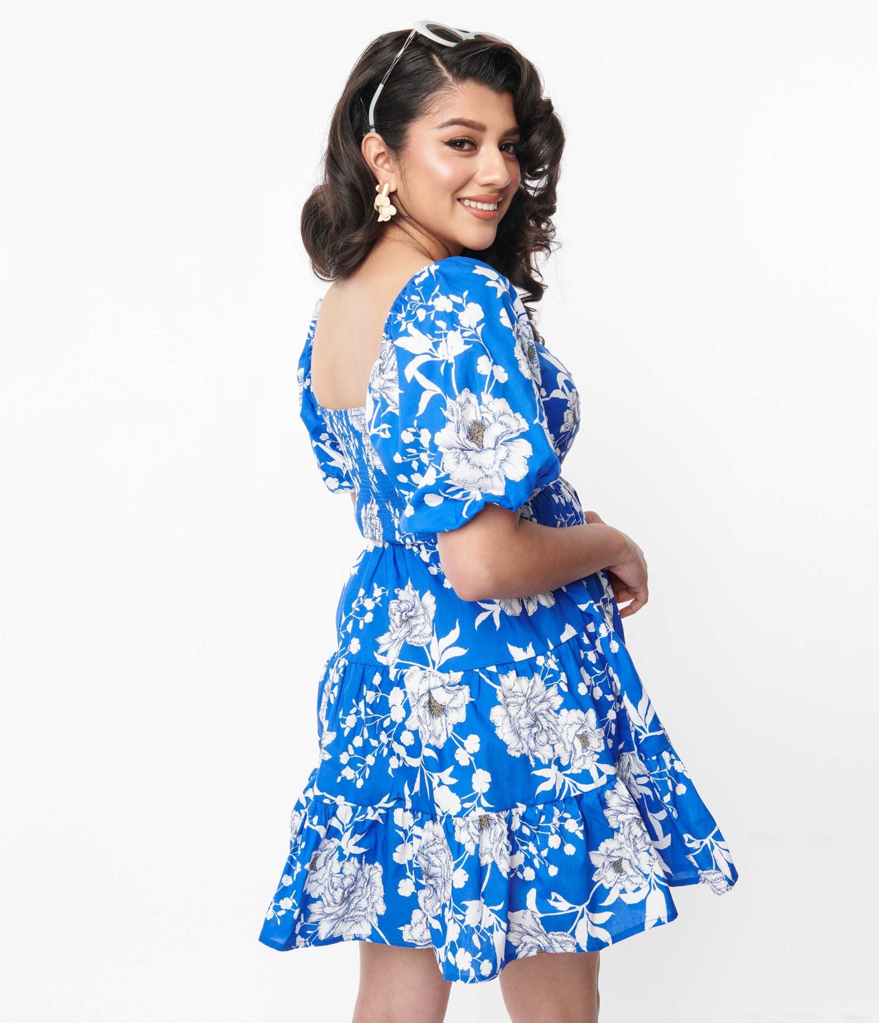 Royal Blue & White Floral Puff Sleeve Flare Dress - Unique Vintage - Womens, DRESSES, FIT AND FLARE
