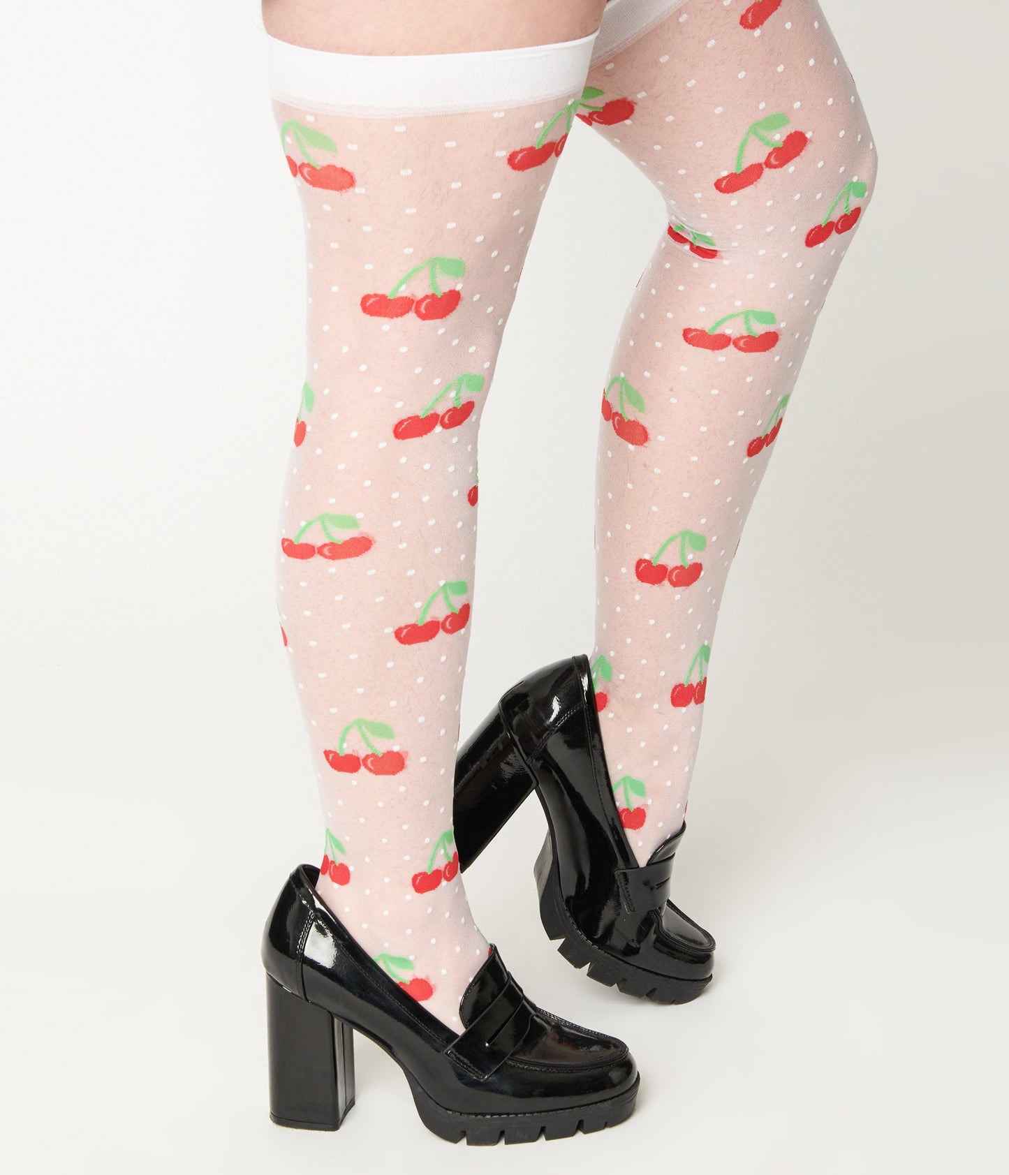 Sheer White Cherry Dot Thigh High Socks - Unique Vintage - Womens, ACCESSORIES, HOSIERY