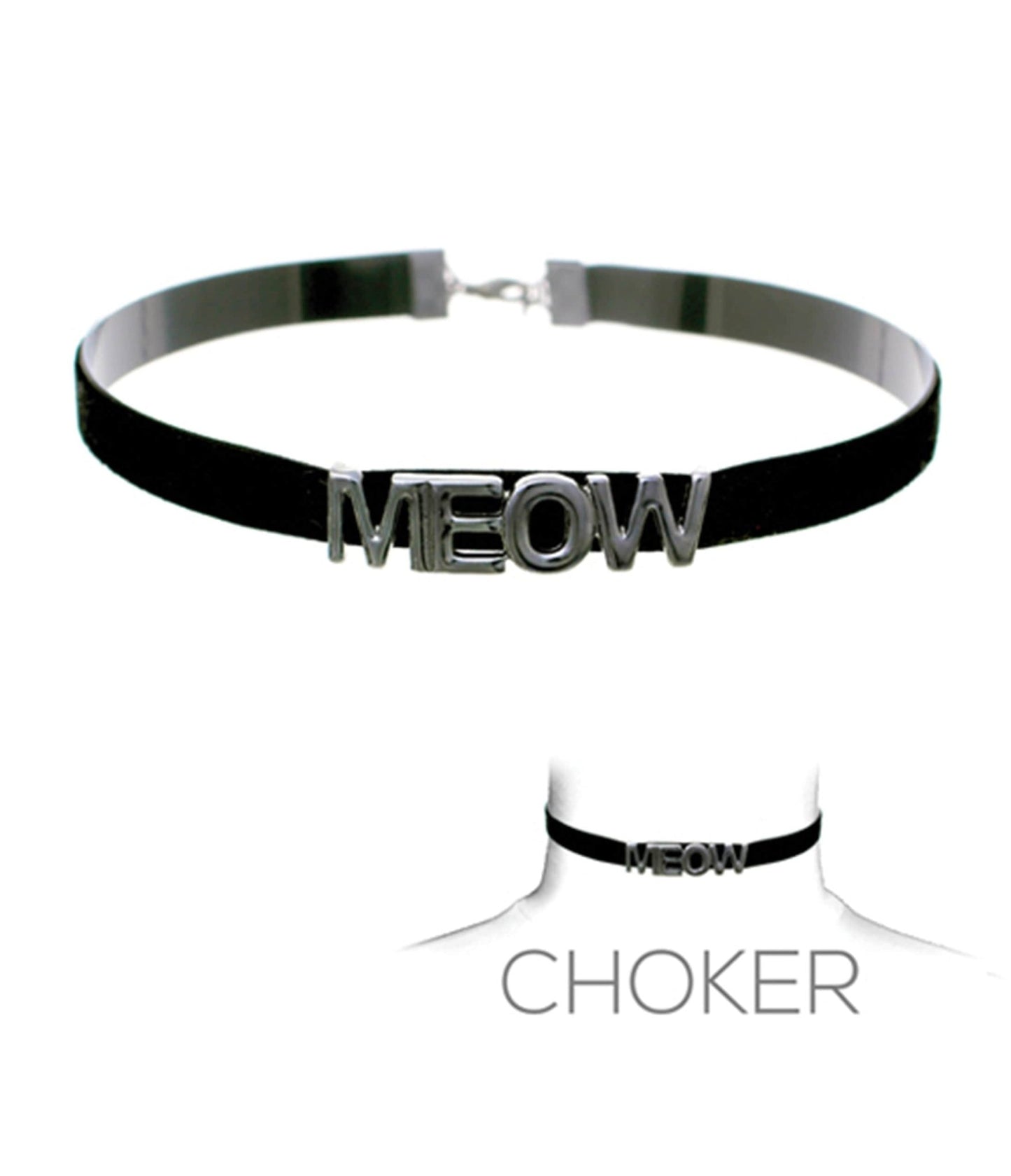Silver & Black Meow Choker - Unique Vintage - Womens, ACCESSORIES, JEWELRY