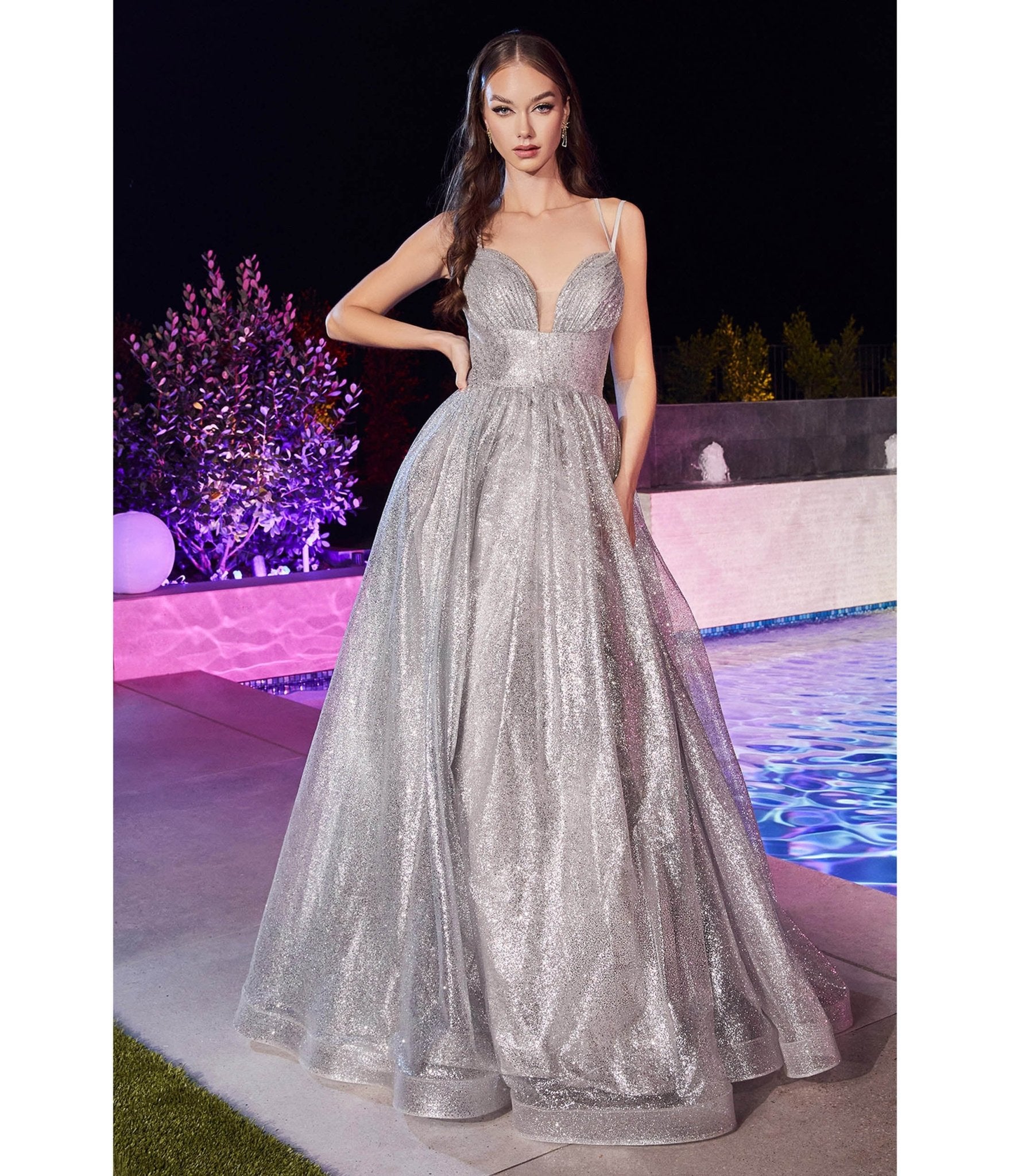 Silver Glitter Sleeveless Ball Gown - Unique Vintage - Womens, DRESSES, PROM AND SPECIAL OCCASION