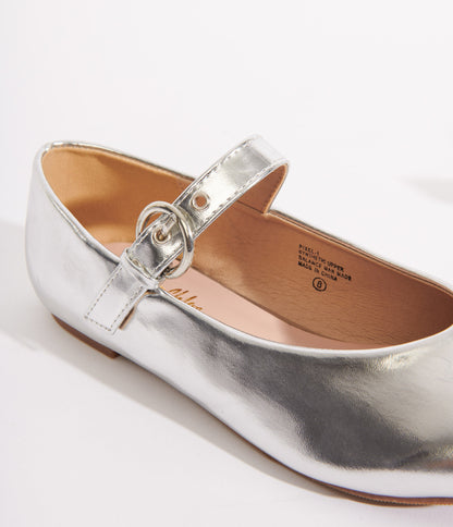 Silver Leatherette Mary Jane Flats - Unique Vintage - Womens, SHOES, FLATS